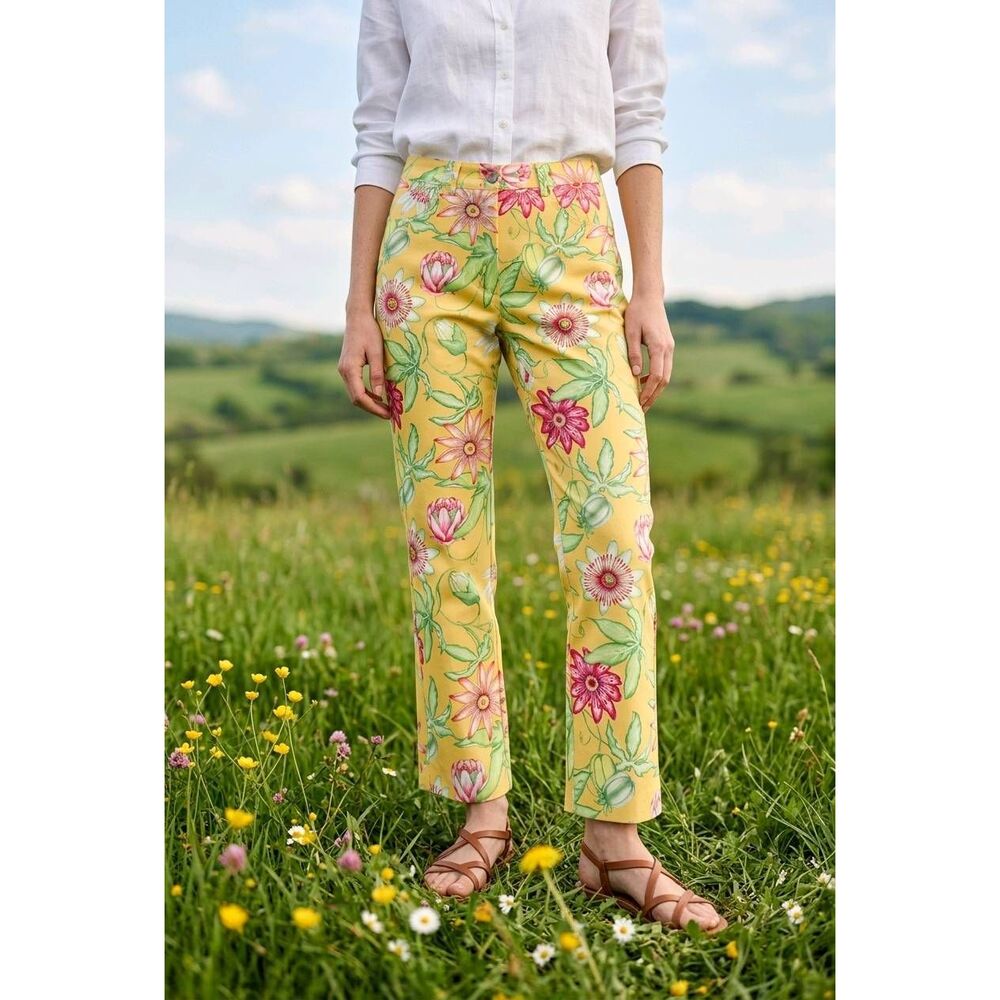 🔸️Manuel Canovas Yellow Italian Floral Print Pants Size 6